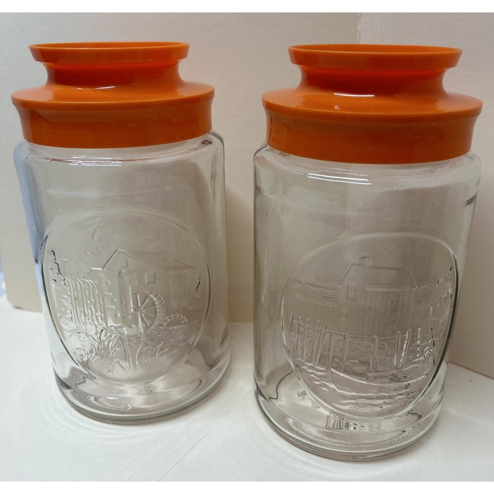 Vintage Glass Canisters Orange Lid Tang Anchor Hocking Wharf‎ And Wheel House 7"